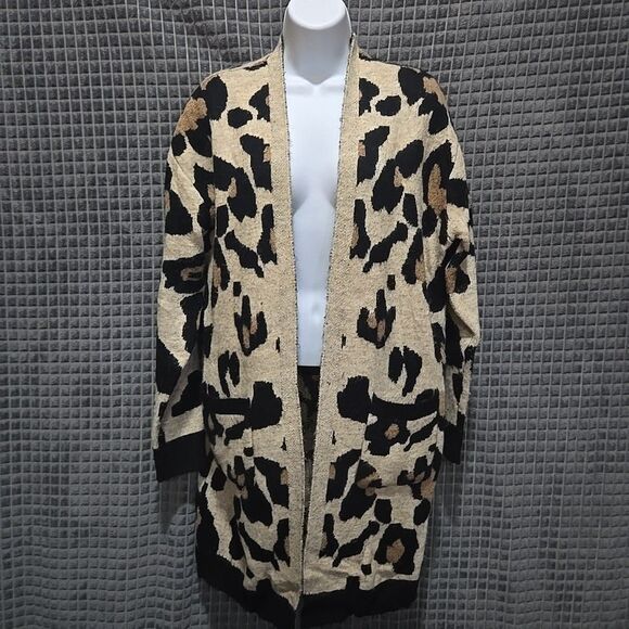Long Leopard Cardigan Sweater Duster M/L AltardState Oversized Stretch Open Cozy - Picture 1 of 16